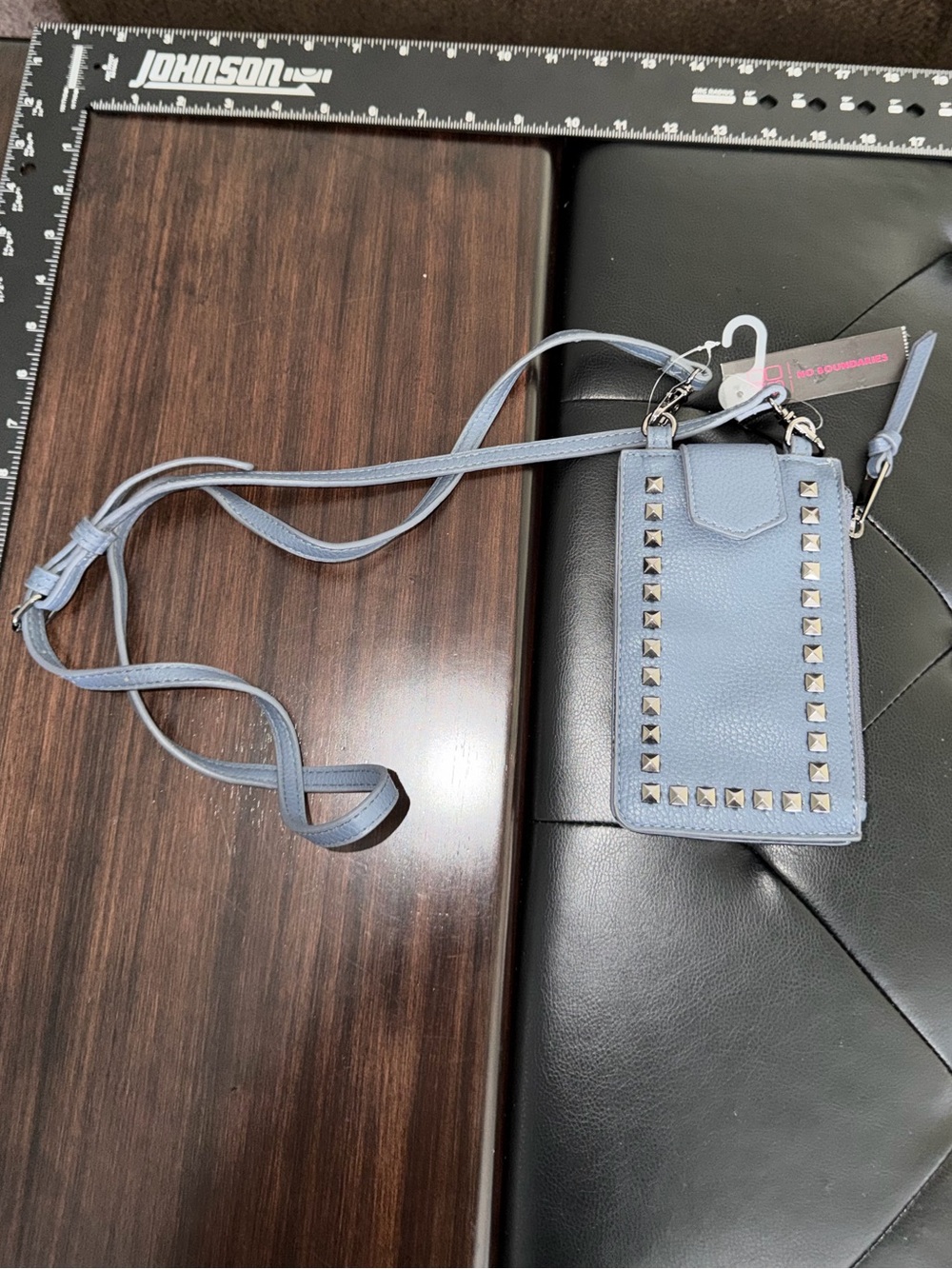 Stud-Trim Crossbody Phone Pouch in Dusty Blue